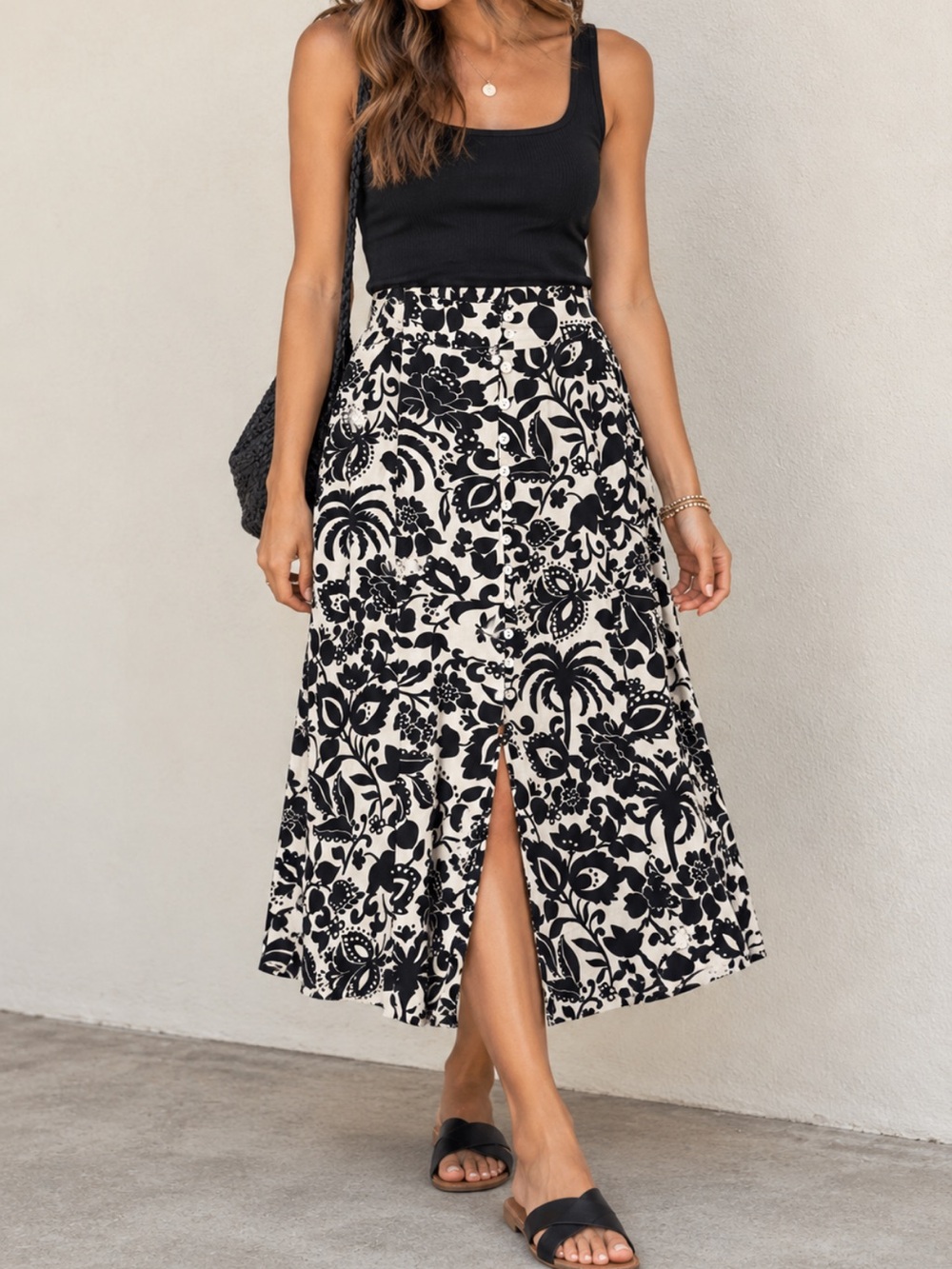 T Tahari Black and Cream Floral Button-Front Midi Skirt